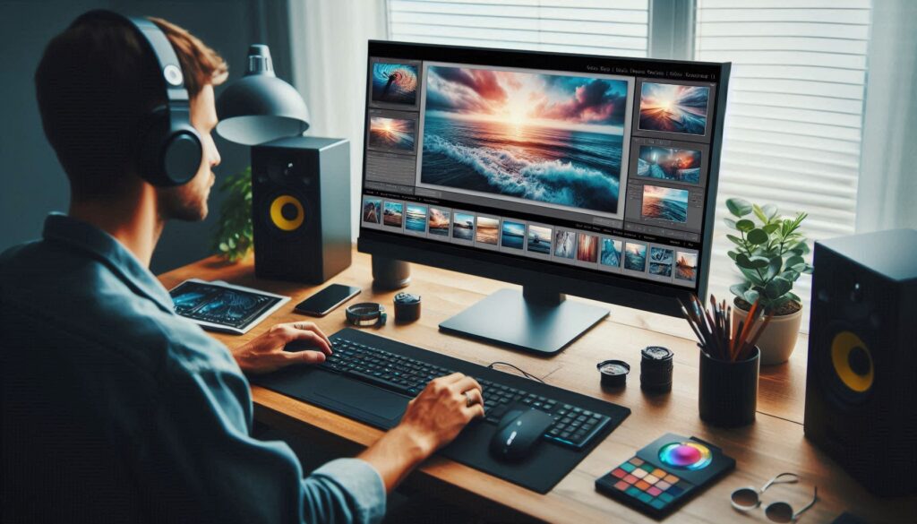 "Professional photo editing setup with computer and software"

