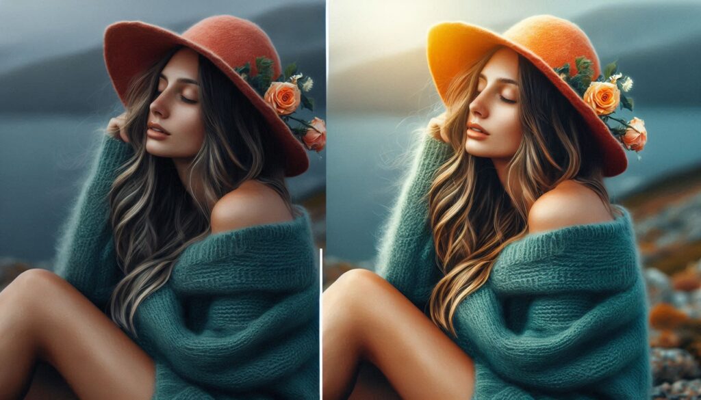 "Before and after photo editing example with enhanced colors and details"