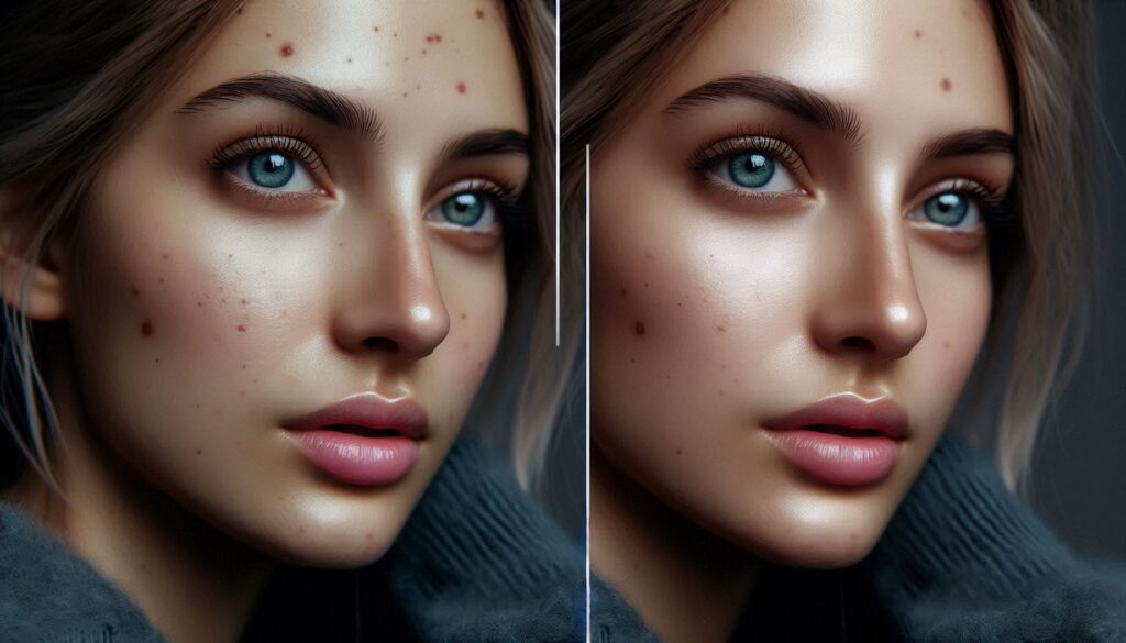 "Before and after retouching example showing blemish removal in a portrait"