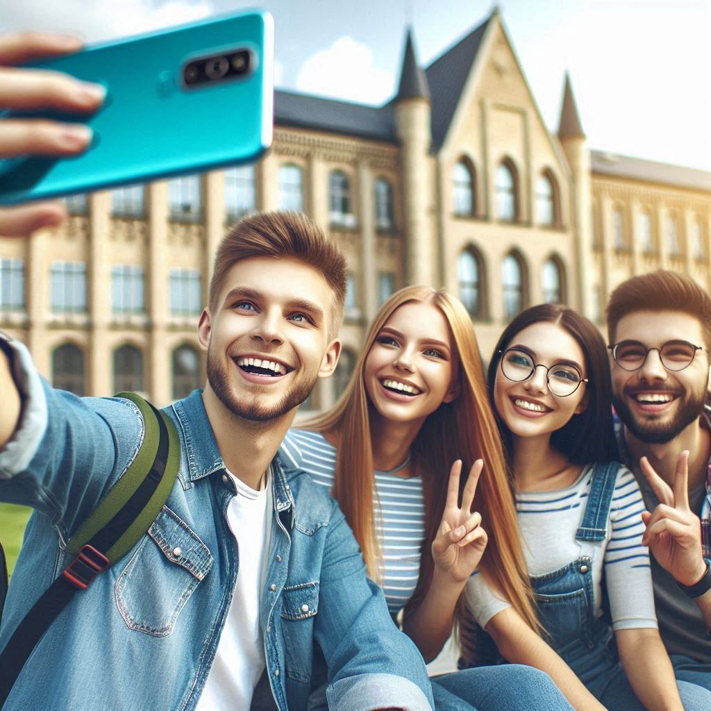 Happy college students taking a selfie together using smartphones on a university campus."