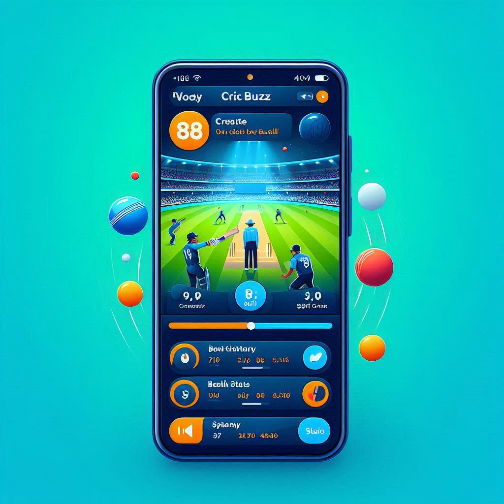 Cricbuzz app displaying live ball-by-ball commentary and match statistics.