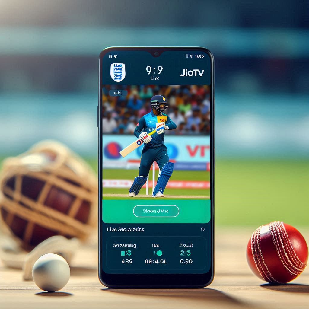 JioTV app live-streaming the Sri Lanka vs England match with real-time updates."