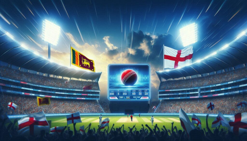 "Cricket stadium with Sri Lanka and England flags, live scoreboard updates, and a cricket ball in action under floodlights."