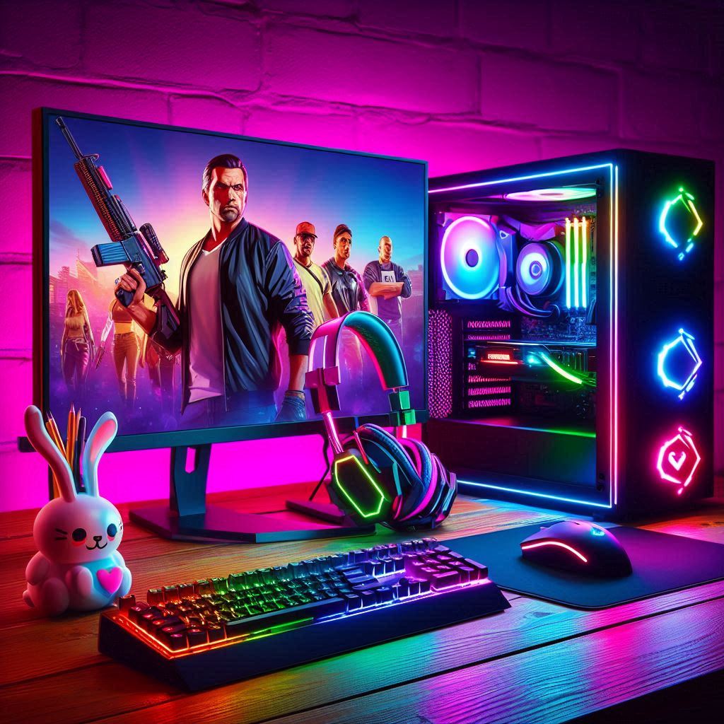 Modern and affordable gaming setup with a budget gaming PC, RGB lighting, and popular games running on the monitor."