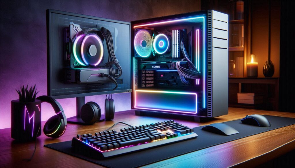 Affordable gaming setup with a budget-friendly gaming PC, RGB lighting, and accessories like a keyboard and headphones."