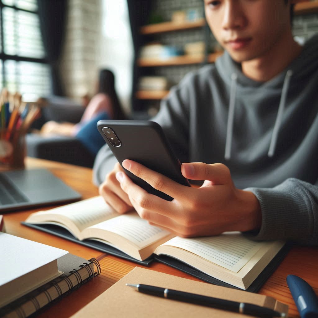 College student using a smartphone at a desk with books and a laptop."