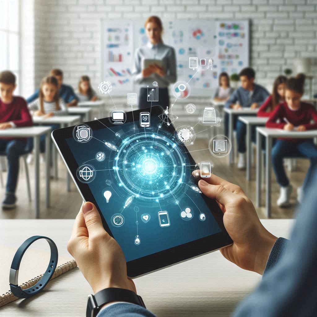 A teacher using a smart device in front of students, highlighting the role of technology in education."